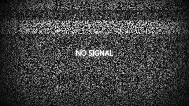 Black and white static tv screen displaying "no signal" text in the center television