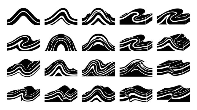 Geology Fold Icons - Black and White Stratum and Mountain Formations Glyphs