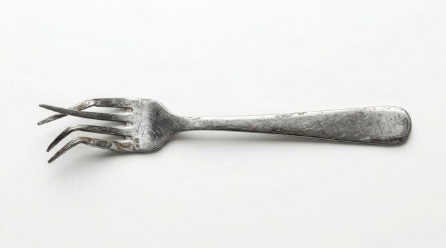 Bent metal fork with damaged prongs isolated on white background minimalist still life