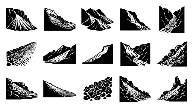 Black  White Vector Icons of Landslides and Rockfalls, Geology and Nature