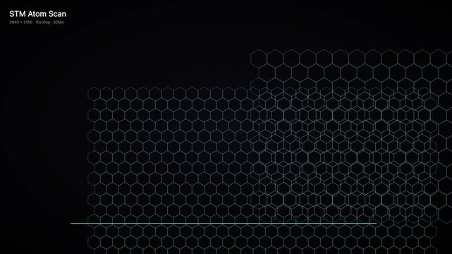 Scanning tunneling microscopy atom scan animation, scientific hexagonal grid background nanotechnology