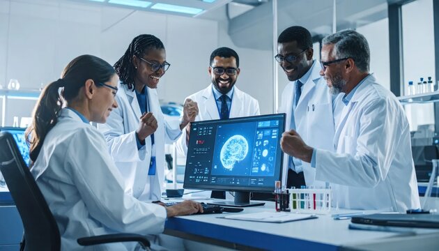 Diverse Team of Scientists Excitedly Analyze Brain Scan Data on Computer Screen in Modern Laboratory