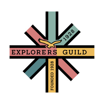 Explorers Guild vintage 1928 founding emblem with eagle illustration and geometric stripes