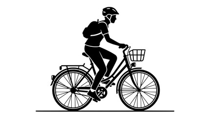 Obraz premium Silhouette of a person riding a bicycle with a backpack and helmet. isolated transparent background vector illustration