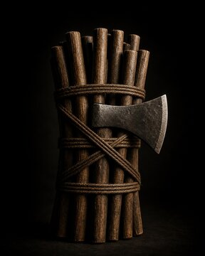 A bundle of wooden rods bound together with an axe blade emerging.