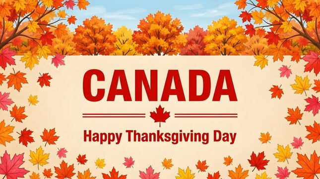 Canadian thanksgiving day greeting with autumn leaves and maple leaf symbol