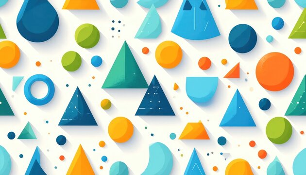 Dynamic composition of colorful 3D geometric shapes on white.