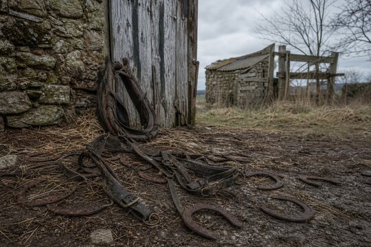 An abandoned farmyard corner with rusty horseshoes and leather.