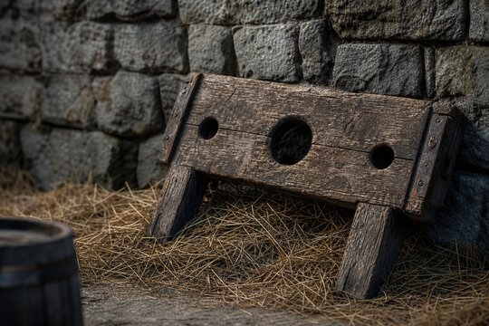 A rough wooden pillory in hay against a stone castle wall.