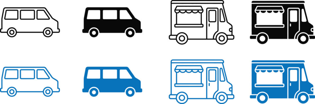 Food Truck and Van Icon Set: Vector Icon Collection for Street Food, Catering and Vehicle Transportation