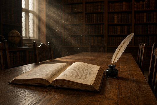 Wooden library table with manuscript, quill and inkwell in dust motes.