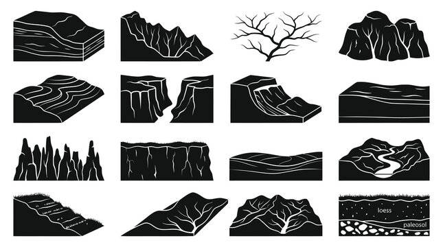 Black  White Glyph Icons: Geological Landforms and Soil Profiles Set