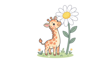 Cute Giraffe Smelling Flower.