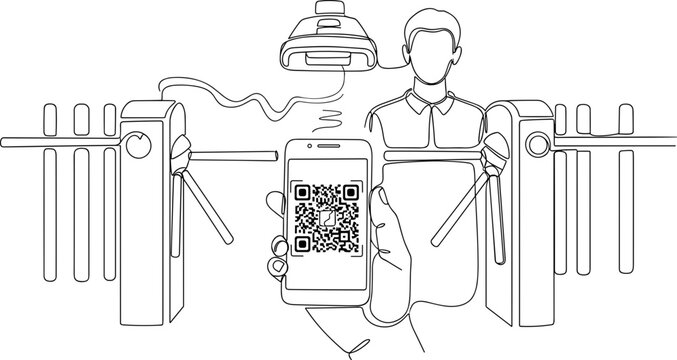 Person using smartphone QR code for access control at turnstile gate