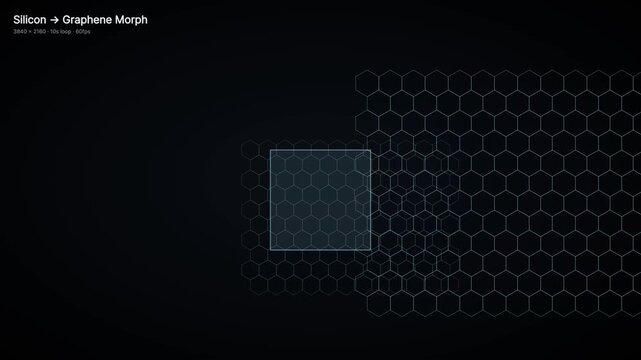 Silicon to graphene molecular morphing animation, futuristic nanotechnology background, digital hexagonal grid transformation