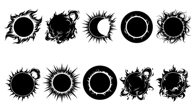 Black  White Stylized Sun and Moon Icons Set. Celestial and Abstract Glyphs for Spiritual Design Elements