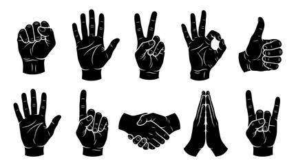 Fototapeta premium Black and White Silhouette Hand Gestures Icons Collection, Vector Art