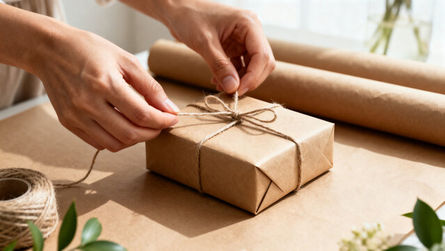 Hands tying twine around a gift box wrapped in brown paper, preparing for shipping or gifting