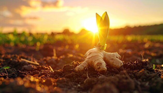 A ginger plant emerges from soil, bathed in warm sunset light