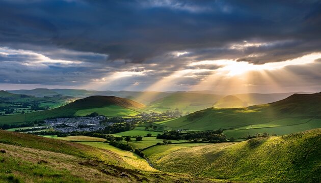 Rays Of Light Over The Eildon Hills And Galashiels Scottish Borders
