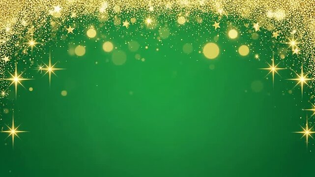 Festive green background with shimmering golden glitter and stars