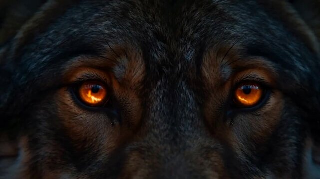 Intense Wolf Eyes Glowing with Fire, Close-up Portrait