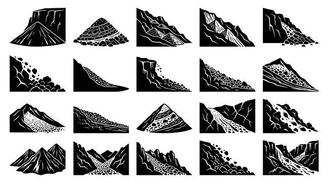 Nature  Geology Black and White Stylized Vector Icons: Mountains, Landslides, Rockfalls, and Erosion Elements