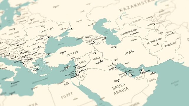 Political map of the Middle East featuring Iran. Smooth camera zoom from a regional view to Iran with country borders, cities, seas, and geographic details. Clean atlas-style cartography.