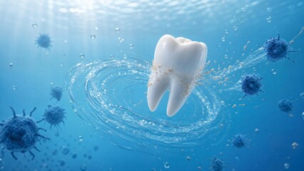 Obraz premium Dental health protection: a healthy tooth is surrounded by a cleansing water vortex, fighting off dark microorganisms and bacteria, promoting oral hygiene and clean feeling