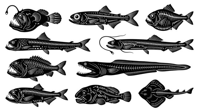 Deep Sea Fish Skeleton Set, Black and White Vector Line Art Illustration