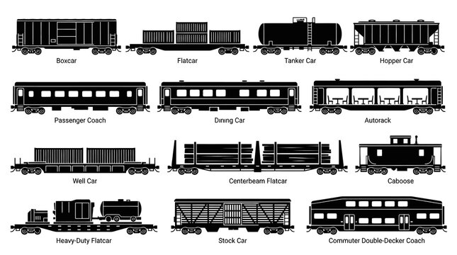 Train Cars Black Silhouette Vector Icons Set - Railway Rolling Stock Collection for Transport Design