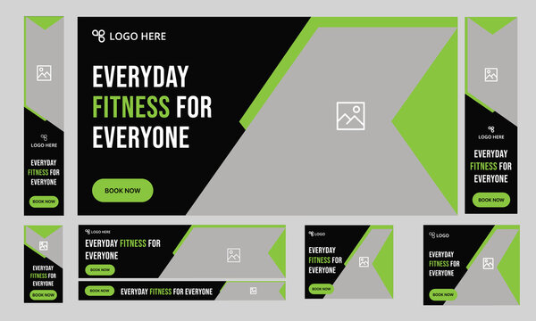 Minimalist fitness set of web banner template design for social media posts, abstract web cover, google ads bundle design template, fully editable vector eps file