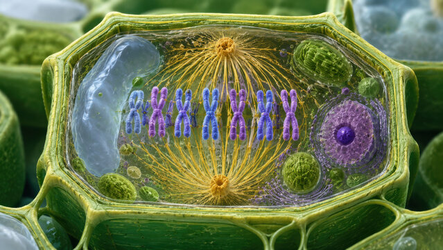 Cross section of plant cell displaying chromosome organization during mitosis with spindle fiber and organelle detail in biological illustration