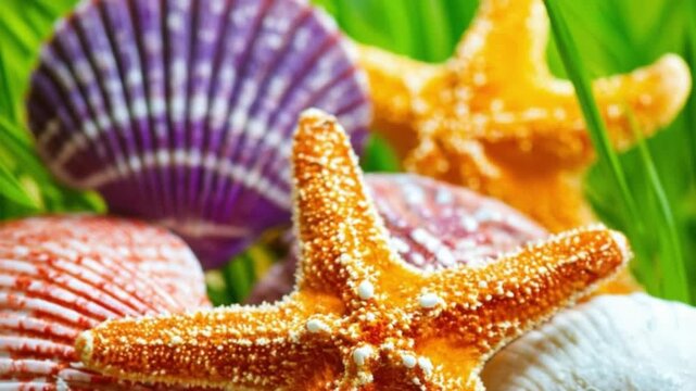 Vibrant Collection of Starfish and Seashells.