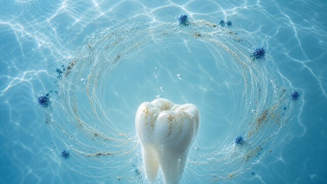 Dental hygiene concept: A magnified molar tooth in crystal clear blue water with a vortex and particles, representing dental care and cleaning.