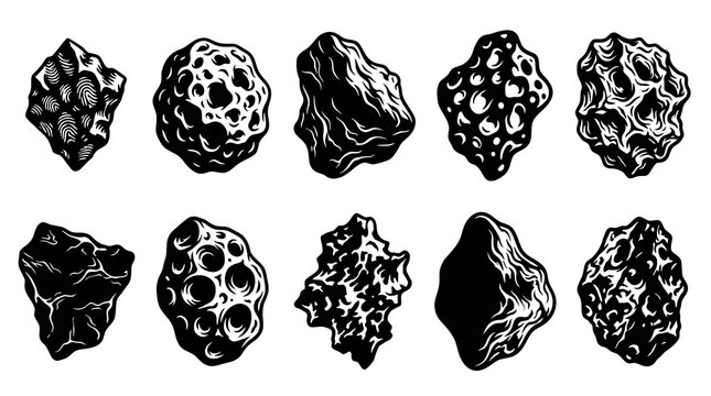 Space Meteorites  Asteroids Black  White Engraving Line Art Set. Cosmic Rocks and Stones Icons Collection.