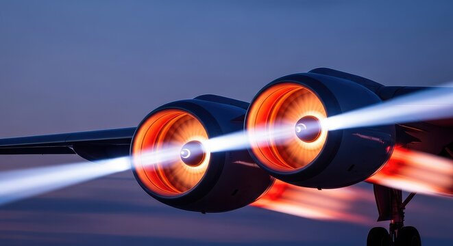 Powerful jet engines emit swirling exhaust and bright light beams, capturing dynamic motion blur during a fast takeoff at deep twilight, transportation, blue, turbine