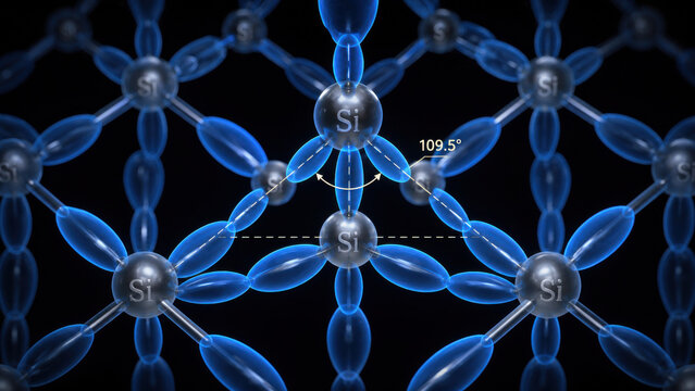 Tetrahedral silicon crystal lattice with glowing covalent bond angles and blue orbital lobes against dark studio background molecular nanotechnology visualization