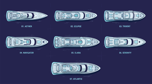 Collection of Seven Luxury Yacht Illustrations in Top-Down View on Dark Indigo Background, Flat Design Style, Vector Graphic Resources