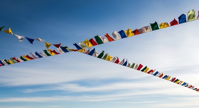 Colorful tibetan prayer flags fluttering against a clear blue sky