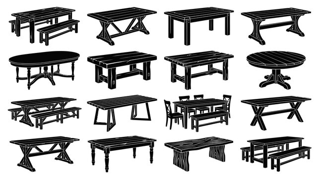 Furniture  Woodworking: Collection of Wooden Tables and Benches in Black  White Silhouette Vector Art Style