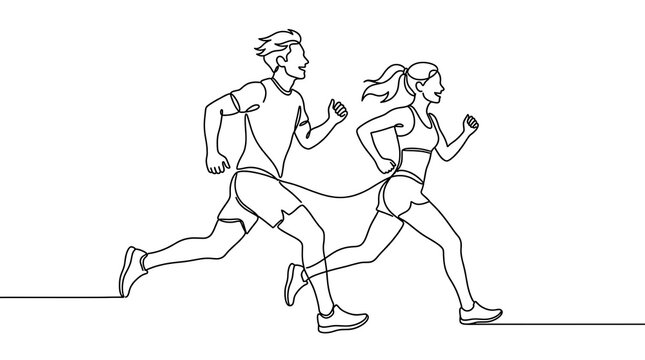 Line drawing of two people running together outdoors