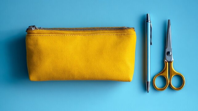 Yellow pencil case with pen and scissors on blue background, colorful school stationery organizer for classroom learning, student supplies, education essentials, back to school concept, minimal flat l