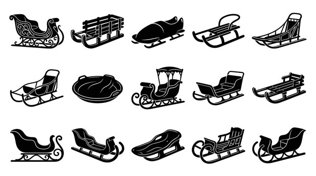 Black and White Sled Sleigh Icon Set. Winter Sports Recreation Transportation Glyph Vectors