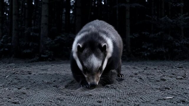 Badger Foraging in Forest at Night - Wildlife Camera Trap Footage