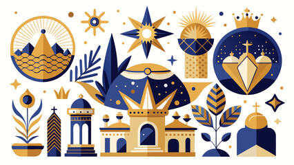 Fototapeta premium Abstract navy and gold geometric architecture collection featuring celestial symbols and decorative nature motifs