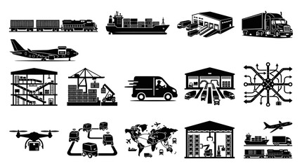 Fototapeta premium Logistics and Shipping Icons: Transport, Warehousing, Delivery, Supply Chain
