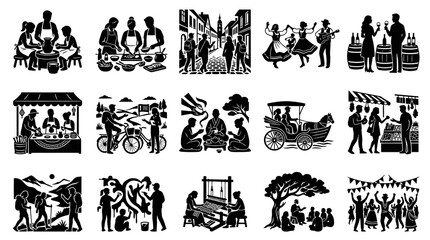 Fototapeta premium Black and White Silhouette Vector Set: Culture, Lifestyle, Travel, and Traditional Craft Activities