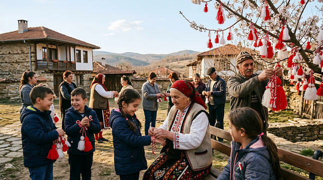 Children and adults decorate tree with red tassels in village square on sunny day