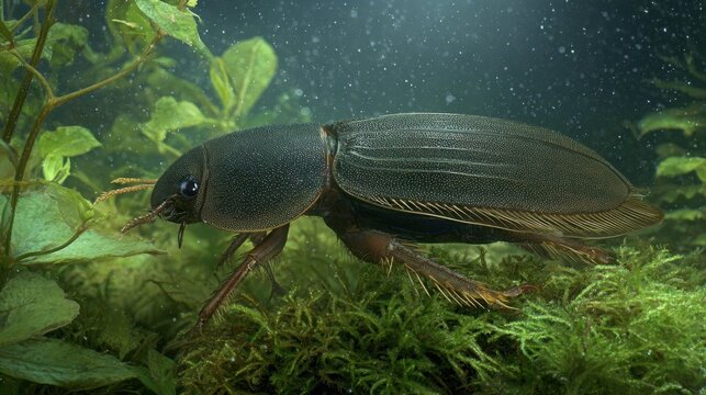 A large diving beetle with distinctive fringed hind legs, actively swimming underwater amongst aquatic plants